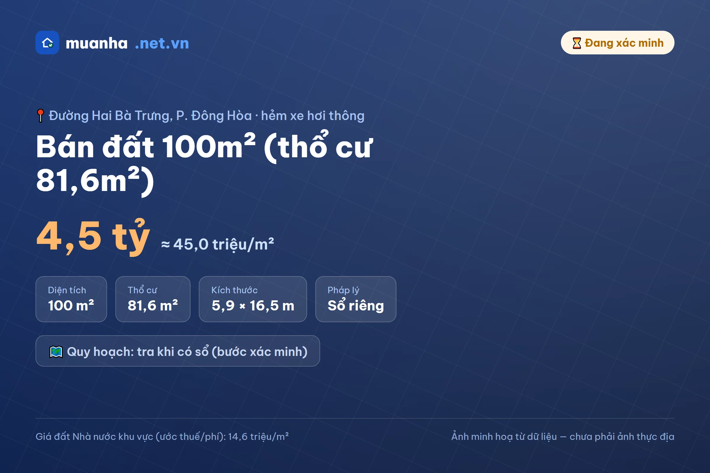 Bán đất 100m² (thổ cư 81,6m²) đường Hai Bà Trưng, phường Đông Hòa — 4,5 tỷ | muanha.net.vn