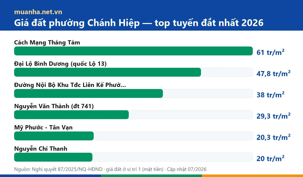 Biểu đồ giá đất top tuyến đắt nhất phường Chánh Hiệp 2026 theo Nghị quyết 87 — muanha.net.vn